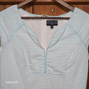 Duffield Lane Light Blue White Seersucker Striped Split Neck Sheath Dress  M
